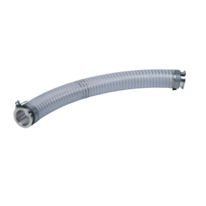 PVC hose with molded spring and flanges, PVC with stainless steel flange, 1.4301/304